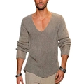 Herren Strickpullover mit tiefem V-Ausschnitt in Khaki, lässiges Langarm-Oberteil für Männer - S / Grau