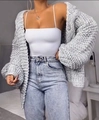 Detailed close-up of thick grey knit texture on a chunky long-sleeve cardigan sweater - S / Gray
