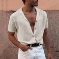 Cardigan polo da uomo in maglia beige a maniche corte con bottoni dallo stile retrò - S / Bianco