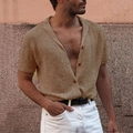 Close-up of khaki waffle knit texture and cuban collar on a casual men's short sleeve shirt - S / Khaki