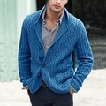 Men's blue cable-knit cardigan with lapel collar and classic buttons in outdoor setting - Blue