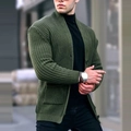 Army green men's ribbed knit cardigan with shawl collar and pockets in urban casual style - M / Army Green