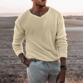 Men's loose V-neck long sleeve waffle knit sweater in beige for casual outdoor wear - Apricot