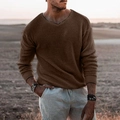 Heren gebreide trui met V-hals in donkerbruin met een wafeltextuur en lange mouw - S / Bruin