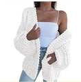 Women's white thick knit cardigan sweater featuring a long sleeve open front design - White