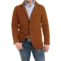 Men's coarse knit cardigan sweater in dark brown with button closure and lapel collar - Caramel color