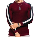 Slim fit heren trui in bordeaux wafelgebreid met contrasterende mouwstrepen - S / Bordeauxrood