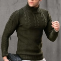 Detail of cable-knit texture and ribbed cuffs on men's olive green turtleneck sweater - S / Army Green