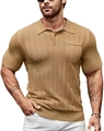 Detail of camel knit polo shirt showing textured vertical stripes and chest pocket - Yellow Khaki