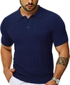 Λεπτομέρεια υφής πλεκτού μπλουζάκι polo σε navy χρώμα με κάθετες ρίγες και τσέπη - S / Σκούρο μπλε