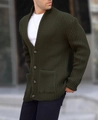 Detail of olive green knit cardigan with shawl collar and large buttons on the pockets - S / Army Green