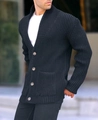 Detail of charcoal ribbed cardigan showing shawl collar and dark brown button closure - S / Black