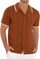 Detail of rust brown knitted polo shirt with white contrast piping and woven texture - S / Caramel color
