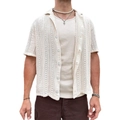Heren gebreid gehaakt shirt in gebroken wit met verticale gestreepte opengewerkte textuur - S / Wit
