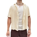 Heren gebreid shirt in crème wit met korte mouwen en verticaal opengewerkt patroon - S / Abrikoos