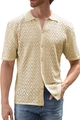 Dettaglio polo in maglia beige con motivo a onde traforato e colletto classico a bottoni - S / Albicocca
