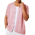 Detailed close-up of men's knit shirt showing breathable hollow texture and button closure - S / Pink