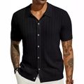Schwarzes Kurzarm-Strick-Poloshirt für Herren mit vertikaler Streifenstruktur und Knopfleiste - S / Schwarz