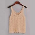 Detailed close-up of knitted hollow-out texture and wavy hem on beige V-neck tank top - S / Khaki