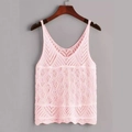 Pink knitted hollow sleeveless camisole top with V-neck and geometric pattern - Pink