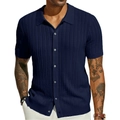 Detailed view of the hollow vertical knit texture on this navy blue short sleeve men's shirt - Dark Blue
