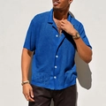 Men's royal blue knit shirt with breathable hollow mesh design and classic lapel collar - Blue