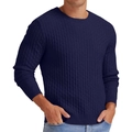 Close-up of navy blue men's sweater featuring thick waffle knit texture and ribbed cuffs - Dark Blue