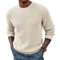 Detailed close-up of beige waffle knit texture and ribbed crew neck on men's sweater - White