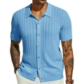 Detail of light blue knit polo shirt with vertical hollow stripes and ribbed texture - Sky Blue