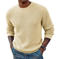 Detailed close-up of beige men's waffle knit sweater featuring textured ribbing on cuffs - Beige