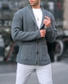 Men's grey-blue knitted cardigan with single-breasted buttons and side pockets - S / Dark Gray
