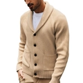 Men's knitted cardigan sweater with shawl collar and black buttons in light beige color - Khaki