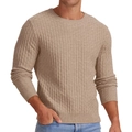 Detail of light brown waffle knit sweater showing ribbed crew neck and textured pattern - Khaki