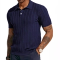Polo da uomo in maglia blu scuro a maniche corte con strisce verticali e scollo a V a bottoni - S / Blu scuro