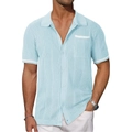 Men's light blue knit hollow short sleeve shirt with striped mesh and chest pocket - S / Sky Blue