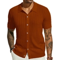 Detail of caramel knit polo shirt featuring vertical stripes and white buttons - Caramel color