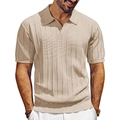 Herren Strick-Poloshirt mit vertikalen Streifen und V-Ausschnitt in hellem Beige - S / Aprikose