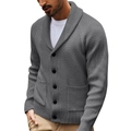 Men's casual grey knit shawl collar cardigan sweater with button closure and front pockets - S / Dark Gray