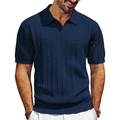 Detaillierte Textur des dunkelblauen Strick-Poloshirts mit vertikalen Streifen - S / Dunkelblau
