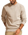 Detailed macro view of waffle knit texture and ribbed crew neck on beige men sweater - Apricot