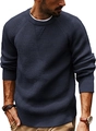 Detail of dark blue knit sweater showing coarse knit texture and crew neck with stitching - S / Dark Blue