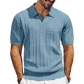 Men's light blue knit Polo shirt with V-neck and vertical striped texture on plain white background - S / Sky Blue