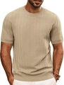 Close-up of khaki knitted T-shirt featuring intricate herringbone texture and ribbed collar - S / Khaki