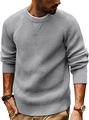 Detail of grey men's crewneck sweater showing textured waffle knit and ribbed cuffs - S / Light Gray