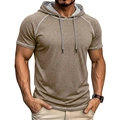 Detail of khaki heather knitted hooded T-shirt with white contrast stitching and raglan sleeves - Khaki