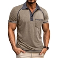 Detail view of khaki slim fit polo shirt featuring dark navy contrast collar and pocket - S / Khaki
