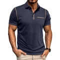 Slim fit dark blue men's short sleeve polo shirt with khaki piping details - Sapphire Blue
