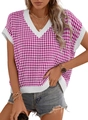 Gros plan du gilet en maille pied-de-poule rose montrant le col en V et la texture - S / Rose rouge