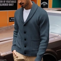 Detailed knit texture and shawl collar of this grey blue men's cardigan on retro street - S / Grey Blue