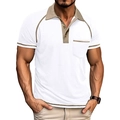 Detailed view of men's polo shirt with contrast khaki collar and chest pocket texture - S / White